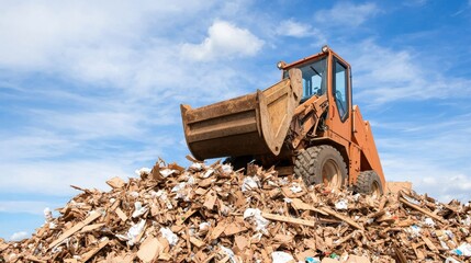 Obraz premium Orange Loader Moving Cardboard Waste Under a Bright Blue Sky
