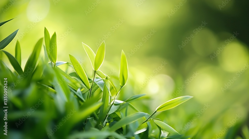 Poster closeup photography of lush green bamboo leaves in soft natural light with a bokeh effect : generati