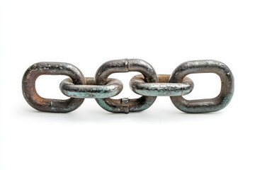 Three Interlocked Metal Chain Links Showing Corrosion and Wear on a White Background