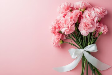 Fototapeta premium Pink Carnation Bouquet Tied with White Ribbon