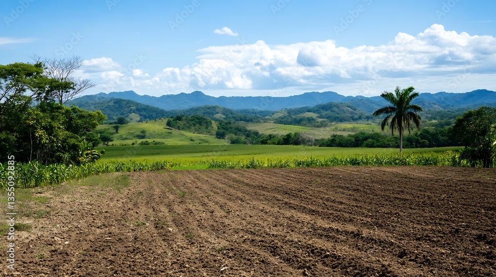 Poster beautiful open landscape with green fields and mountains under a bright blue sky : generative ai