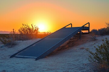 Fototapeta premium Metal ramp at sunset in a desert landscape, bathed in warm golden light.
