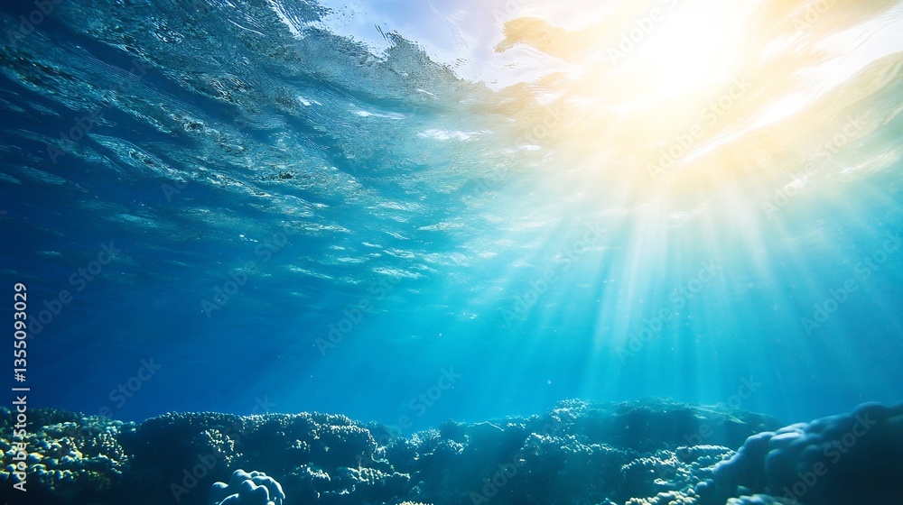 Poster beneath the ocean water surface with sunlight streaming through creating a serene atmosphere : gener