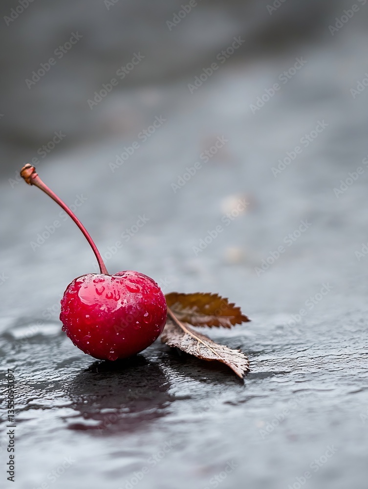 Poster single glorious red cherry on a dark surface with water droplets glimmering in natural light : gener