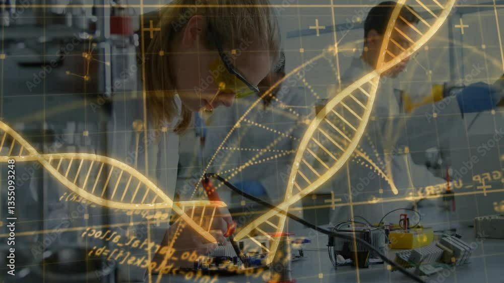 Poster in laboratory, scientists analyzing dna strand with data processing animation overlay