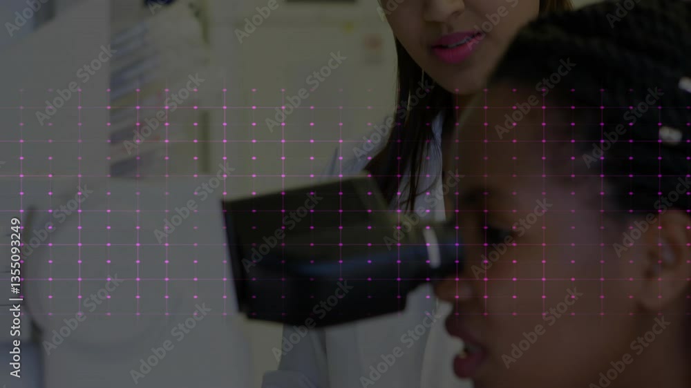 Poster using microscope, child scientist in school with pink waveform animation overlay