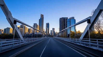 Stunning city skyline at dusk with towering skyscrapers and a bridge leading into the urban landscape : Generative AI