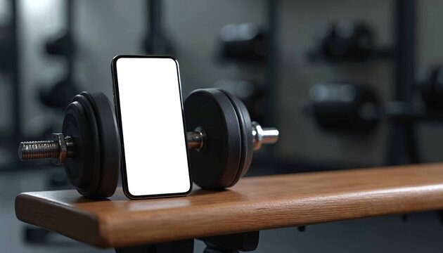 Smartphone mockup with white screen on gym bench next to dumbbells. Phone display for fitness app, workout program. Mobile tech concept for sport, health, training.