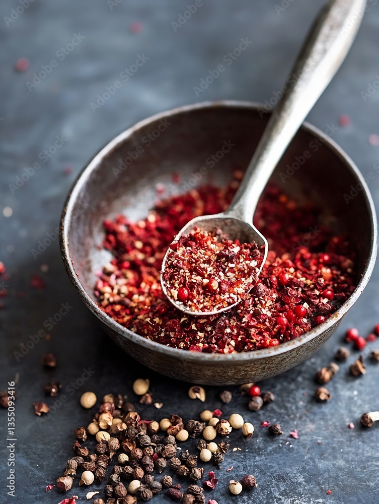 Aufkleber Close Up of Red Spice Blend in a Rustic Bowl with Spoon for Culinary Delight : Generative AI