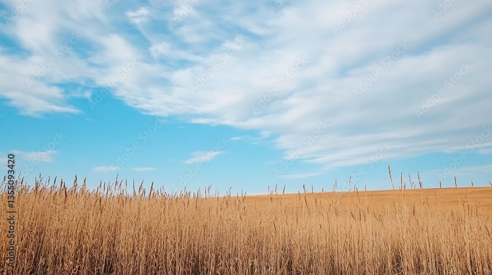 Poster golden wheat fields under a blue sky with clouds creating a serene rural landscape : generative ai