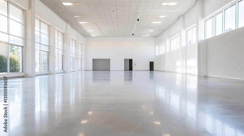 Poster wide open space showcasing a modern clean interior with polished concrete floors and large windows f