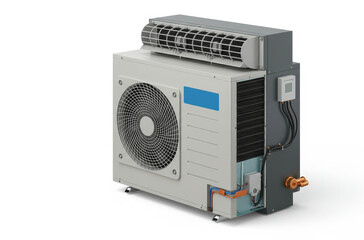 Fototapeta premium Efficient Air Conditioner Unit Isolated on White - Modern air conditioner, cooling system, efficient climate control, home comfort, energy saving technology. Symbolizing comfort, technology