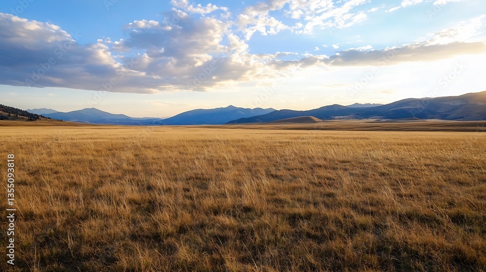 Poster vast golden grassland under a dramatic sky with fluffy clouds and distant mountains on the horizon :