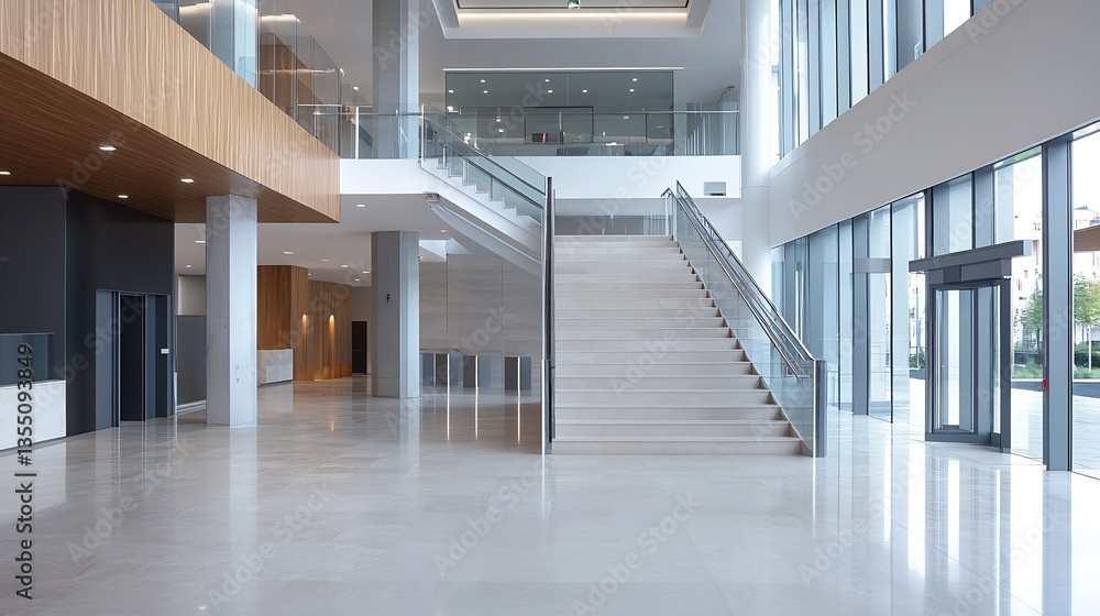Poster Bright and Spacious Modern Interior of a Building Featuring Elegant Stairs and Large Windows : Generative AI