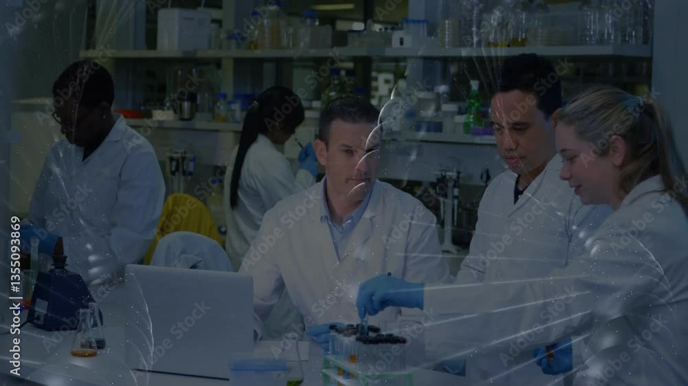 Poster in lab, scientists conducting experiments with data processing animation overlay