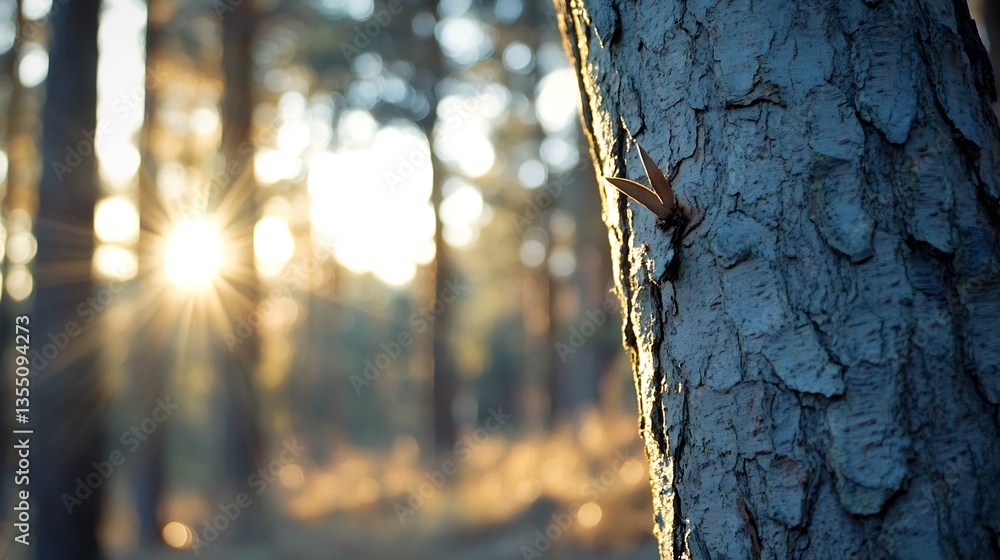 Poster sunlight streaming through trees illuminating the rough texture of a pine bark closeup : generative 