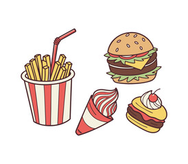 Fast food icons set with burgers, fries, pizza, drinks, and snacks