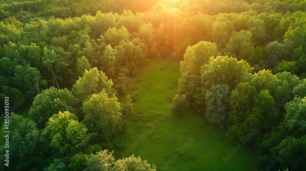 Aufkleber aerial view of dense green forest illuminated by sun rays creating a tranquil and peaceful atmospher