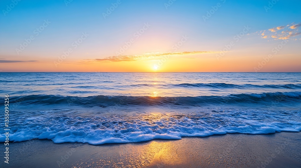 Aufkleber breathtaking sunset view over calm sea with gentle waves reflecting golden sunlight creating serene 