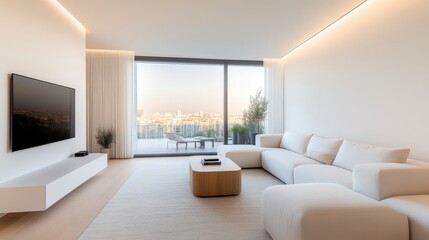 Fototapeta premium Modern, minimalist living room with city views
