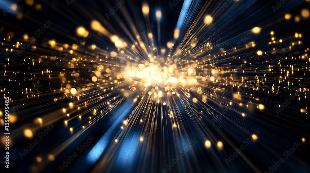 Poster a dynamic burst of golden particles against a dark background illustrating the beauty of light and e