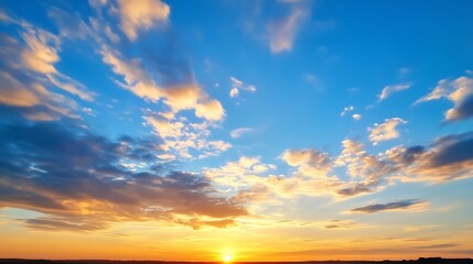 Fototapeta premium Stunning sunset over a vast landscape with vibrant clouds and golden sunlight illuminating the horizon : Generative AI