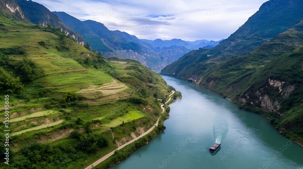Poster aerial view of a serene river flowing through green hills and mountains under a dramatic cloudy sky 