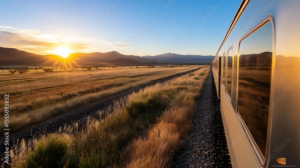 Poster Golden sunset reflecting off a train window as it moves through open fields : Generative AI