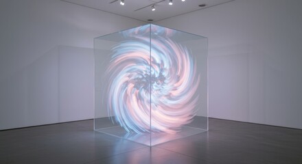 Obraz premium Encased Vortex: Light and Form - A mesmerizing swirling light sculpture encased in a glass cube, creating a dynamic visual experience of color and movement