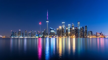 Obraz premium Vibrant Toronto skyline lit up at night showcasing iconic architecture reflecting in the water : Generative AI