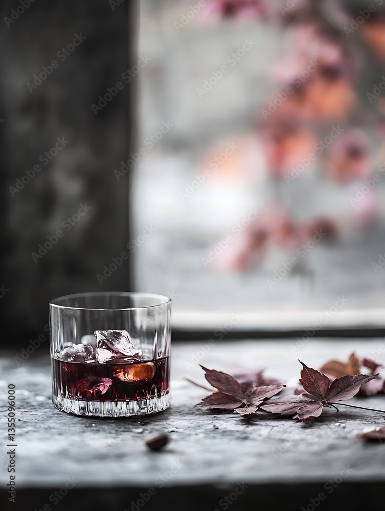 Poster chic glass of whiskey with ice beside autumn leaves on rustic table : generative ai