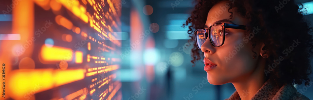 Poster young woman wears glasses, stares intently at digital screen with data, abstract shapes. futuristic 