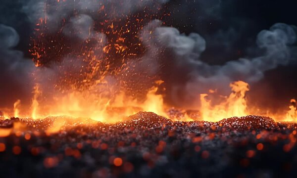 Fiery inferno with sparks and smoke.