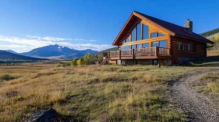 Beautiful log cabin home in a serene mountain landscape under clear blue skies : Generative AI