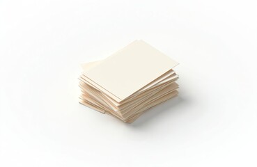 Stack of blank cream-colored paper on a white surface. Business office supplies for notes, documents, or design projects. Top view. Stacked sheets for stationery.