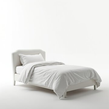 White single bed on white background. Clean design, isolated. Bedding, pillow, blanket on empty mattress. Modern bedroom interior design for hotels, apartments. Furniture, home decor concept.
