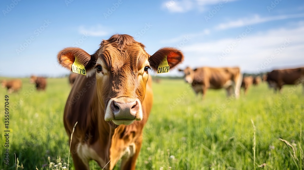 Poster Close up view of a curious brown cow standing in lush green field with other cows in the background : Generative AI