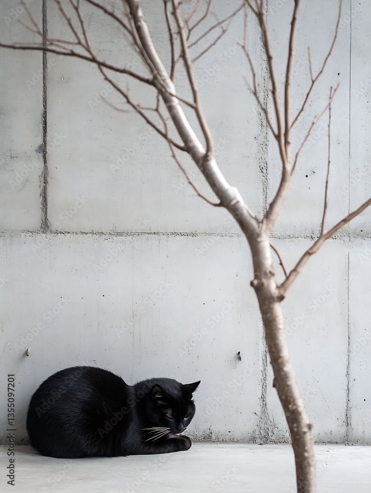 Poster playful black cat curled up comfortably beside a bare branch in an artistic indoor setting : generat