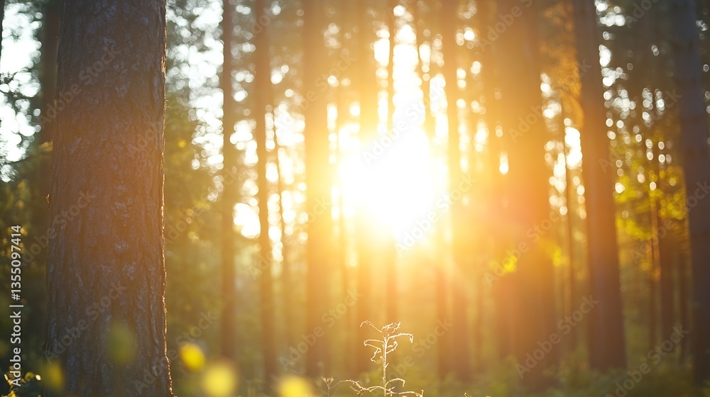 Aufkleber Sunlight streaming through tall trees in a serene forest creating a magical atmosphere : Generative AI