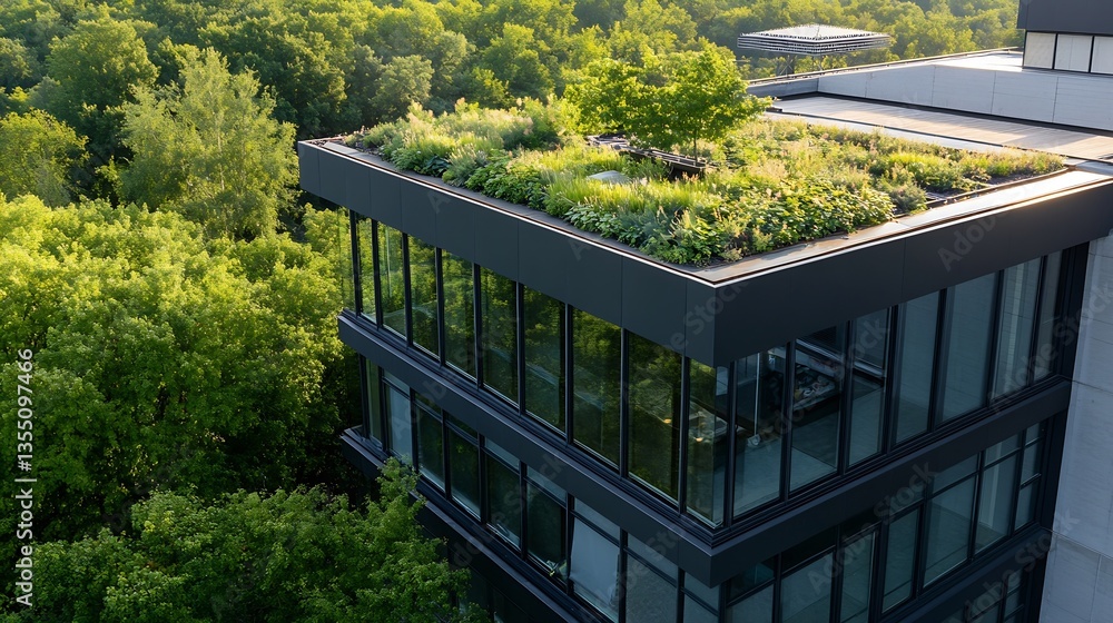 Poster luxurious green rooftop garden atop modern building surrounded by lush trees in urban setting : gene
