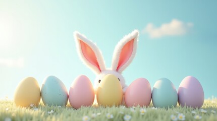 Easter Bunny and Colorful Eggs in the Grass