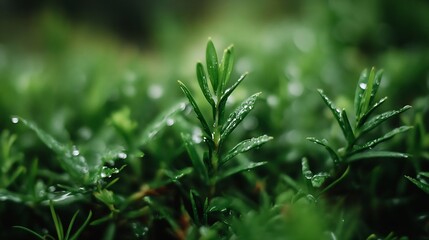 Obraz premium Closeup of lush green moss and small plant life glistening with drops of water after a refreshing rain : Generative AI