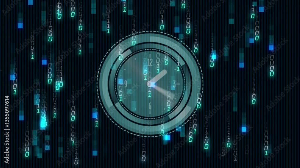 Poster digital clock animation over binary code and data stream background