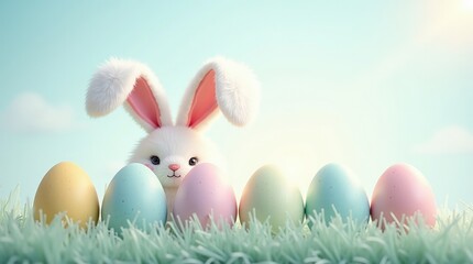 Fototapeta premium Easter Bunny and Colorful Eggs in the Grass