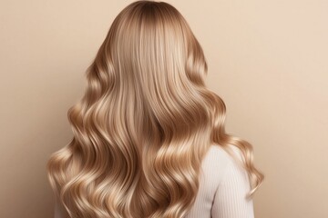 Naklejka premium Back view of a woman with long blond wavy hair wearing white sweater in studio shot