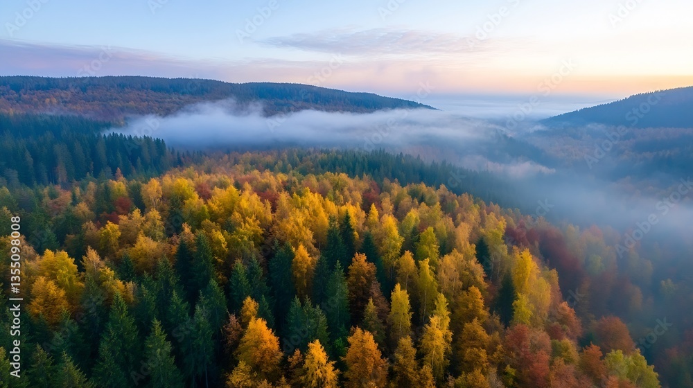 Aufkleber stunning panoramic view of autumn foliage with vibrant colors amidst dense fog and mountain peaks : 