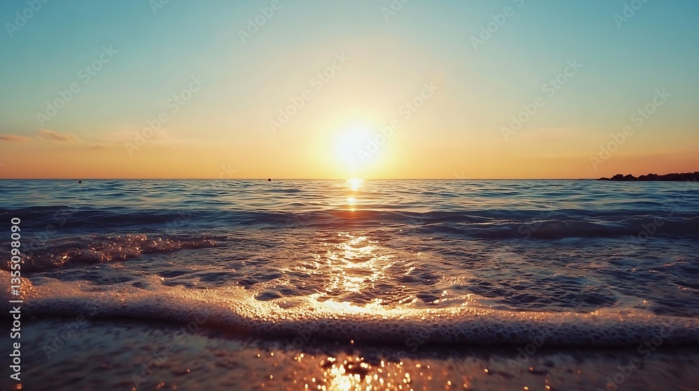 Aufkleber golden sunset reflecting on tranquil ocean waves creating a peaceful seaside atmosphere : generative