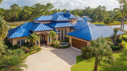 Luxurious Modern Home with Blue Roof and Lush Green Surroundings