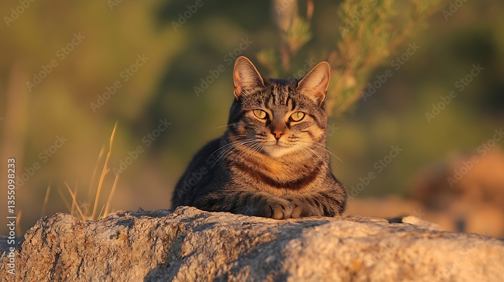 Poster Graceful Portrait of a Relaxed Cat Resting on a Rock Under a Soft Evening Light : Generative AI