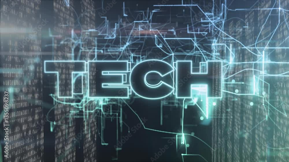 Poster glowing neon tech animation over digital network and binary code background